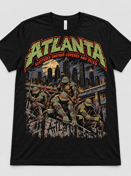 Black Atlanta tee with large centered ninja skyline graphic.